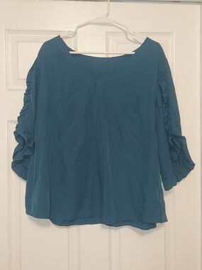 SHEIN Teal V-Neck Ruffle Sleeve Blouse